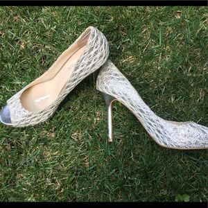 Enzo Angiolini Open Toe Pumps - Silver